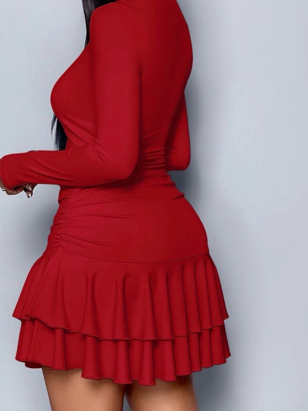 Red Long-Sleeve Midi Dress with Ruffled Hem - Picture 2 of 8